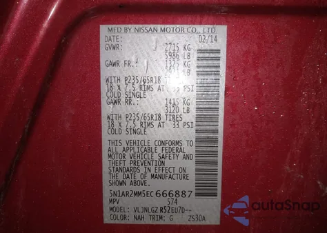 2014 Nissan Pathfinder Sl from USA, damaged, VIN 5N1AR2MM5EC666887